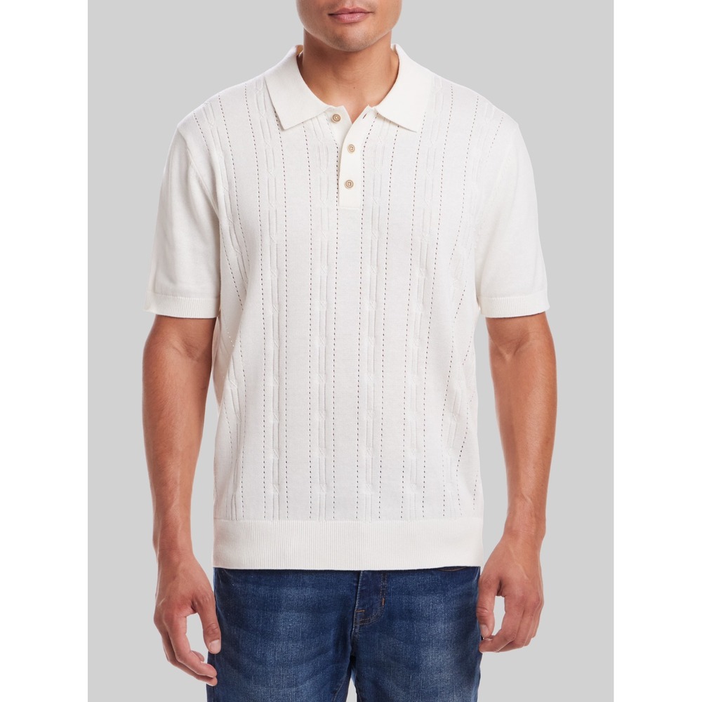 Weatherproof Vintage Men's White Pointelle Polo‎ Sweater Shirt Size XL